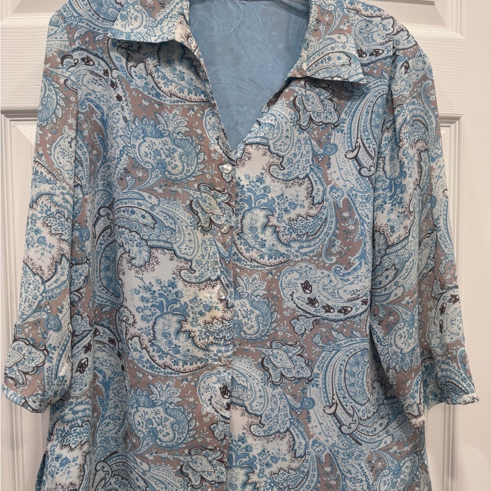 Alfred Dunner Blue and Gray 3/4 Sleeve Notched Collar Blouse